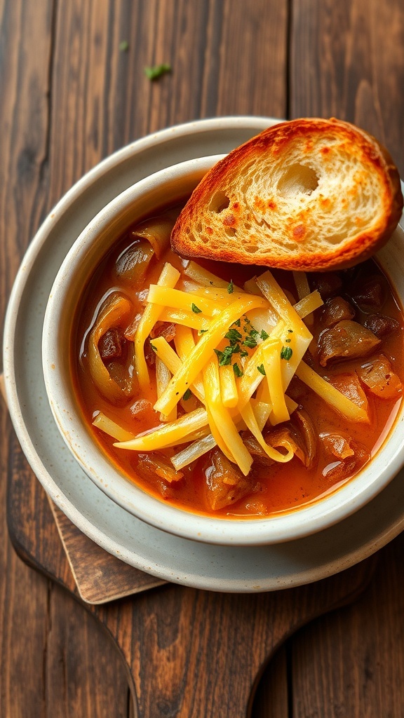 A bowl of French onion soup topped with melted cheese and toasted bread, garnished with herbs.